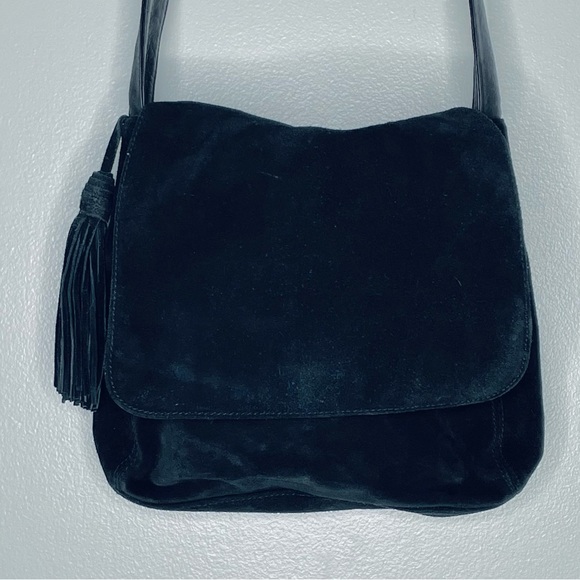 Lord & Taylor vintage boho hippie black leather and suede tassel shoulder bag - Picture 3 of 16